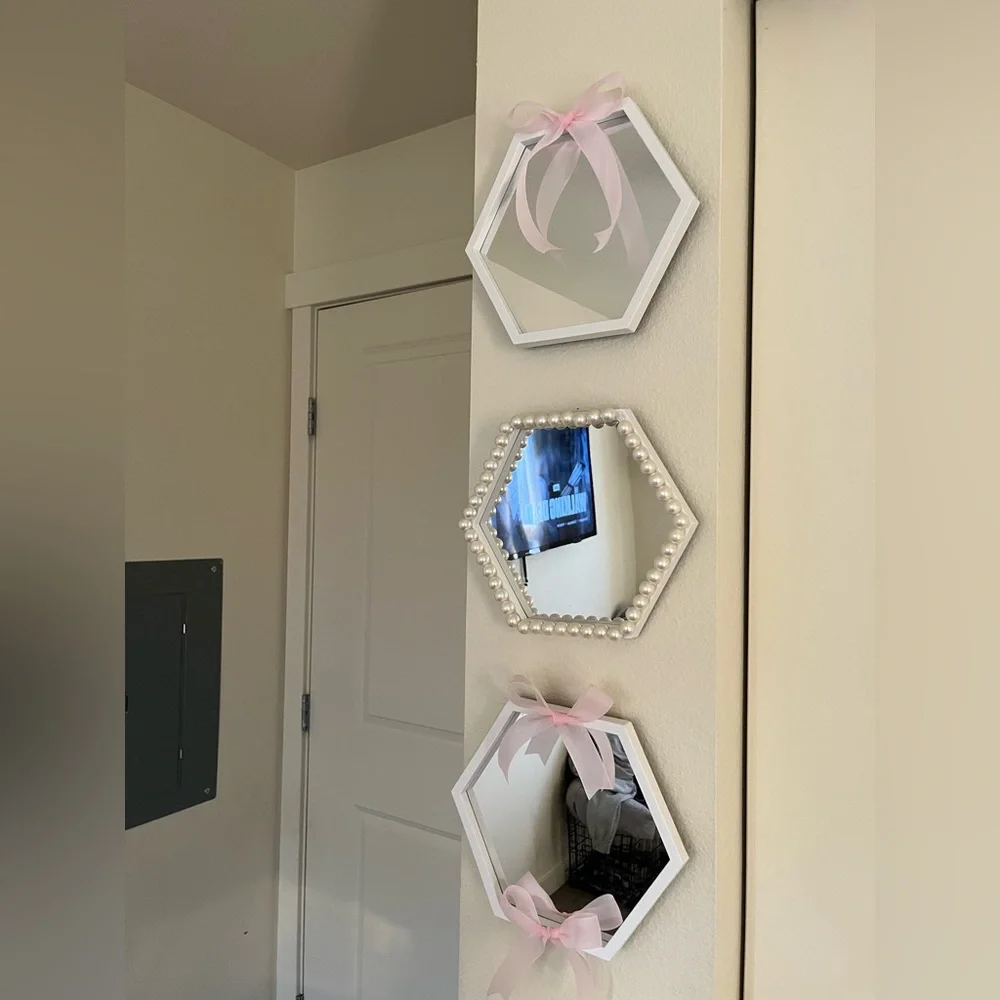 Hexagonal White Wall Mirrors with Pink Ribbon